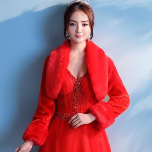 Red Winter Warm Thicken Faux Fur Cape Full Sleeve Shawl Lapel Evening Party Rolled Cloak Formal Shrug Shawl Wedding Bridal Coat