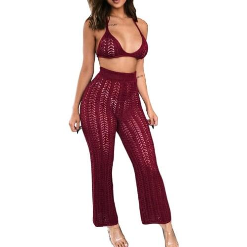 Hot Pants Suit Women Hollow Halter Neck Tie Bra Top And Pants 2 Pcs Set Sexy Perspective Club Knitted Outfits Summer Clothing