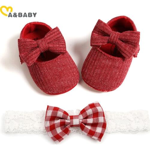 Ma&Baby 0-18M Spring Autumn Christmas Newborn Infant Baby Girls Red Shoes Cute Bow Plaid Knitted Shoes First Walkers Headband