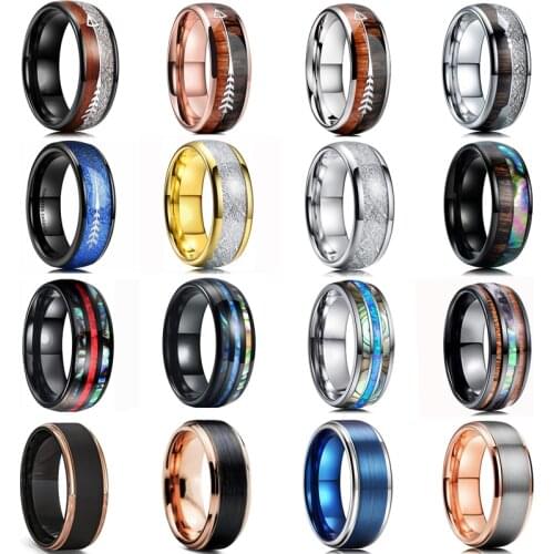 8mm Koa Wood And Abalone Shell Inlay Men Tungsten Carbide Rings Arrow Meteorite Ring Vintage Men Wedding Band Jewelry Gift