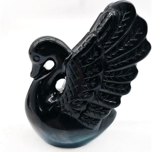 Natural Obsidian Swan Figurine Hand Carved Animal Quartz Crystal Bird Figurine Healing Crystal Stone Crafts Home Decoration Gift