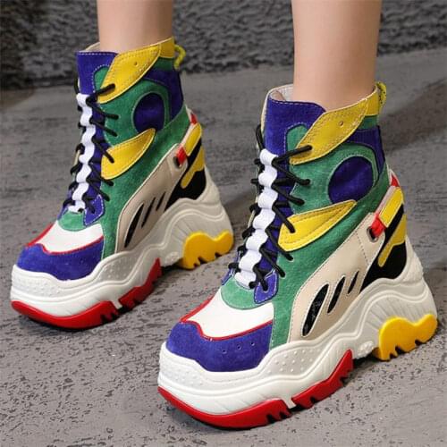 High Top Fashion Sneakers Womens Real Leather Platform Wedge Ankle Boots High Heels Creepers Oxfords 34 35 36 37 38 39