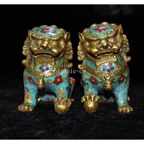 Pair bronze gild cloisonne home fengshui exorcise evil spirits foo dog lion