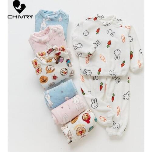 New Autumn Winter Kids Boys Girls Warm Flannel Pajamas Sets Cartoon Long Sleeve Tops with Pants Home Wear Sleeping Clothing Set