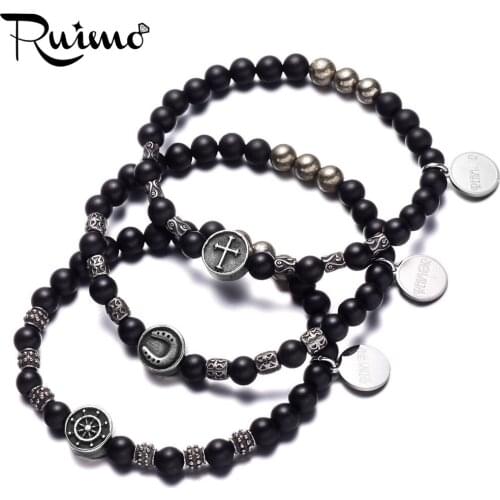 RUIMO Stainless Steel Horseshoe&Rudder&Cross beads with Natural Black Onyx&Iron Pyrite bead Stretch Bracelet for Men Jewelry