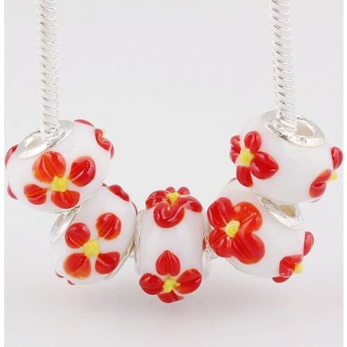 QianBei Wholesale new 5pcs/Lot Mix Color Murano Glass Lampwork Beads Big Hole Silver P Core For European Charm Bracelet