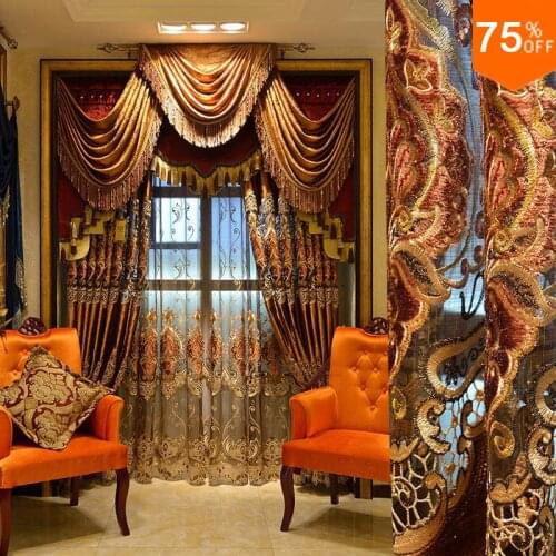 Most Luxury Coffee Royal Velvet Embroidery curtain brown Living Room drapes For Door Curtains DuBai Drapery Valance Design New
