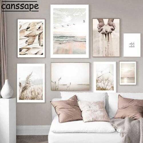 Scandinavian Scenery Poster Reed Dandelion Painting Sea Coastline Print Sand Hand Posters Quotes Pictures Living Room Decoration