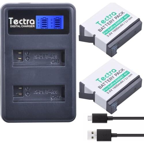Tectra 2PCS AHDBT-401 AHDBT 401 3.8V/1600mAh Li-ion Camera Battery + LCD USB Dual Charger for GOPRO Hero4 Sport Action Camera