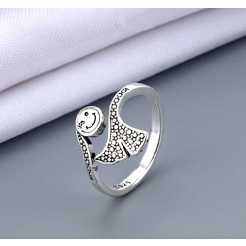 Vintage Ancient Silver Color Happy Smiling Face Open Rings for Women Punk Adjustable Whale Tail Ring Fashion Jewelry Best Gift
