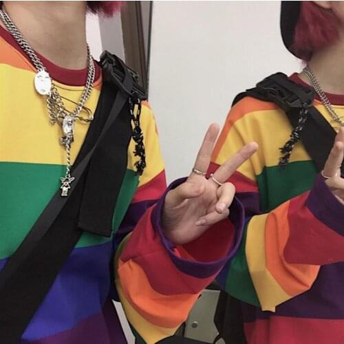 Korean of Harajuku style retro rainbow stripes loose long-sleeved T-shirt women