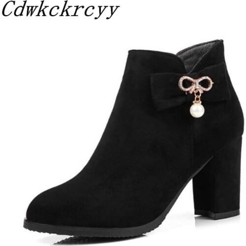 Women Boots Autumn and winter New style fashion temperament Bow Sweet Short boots Keep warm High-heeled Martin boots size 34-43