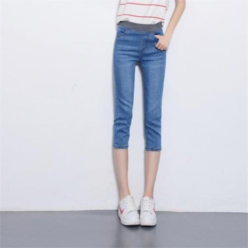 Female Plus Size Summer Calf Length Pants Stretch Cotton Pencil Trousers Woman Oversized Jeans Thin Capris Breathable Vaqueros