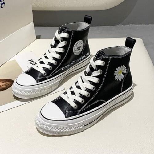 Womens Sneakers High-top Round Toe Genuine Leather Cowhide Lace up White Ladies Board Shoes
