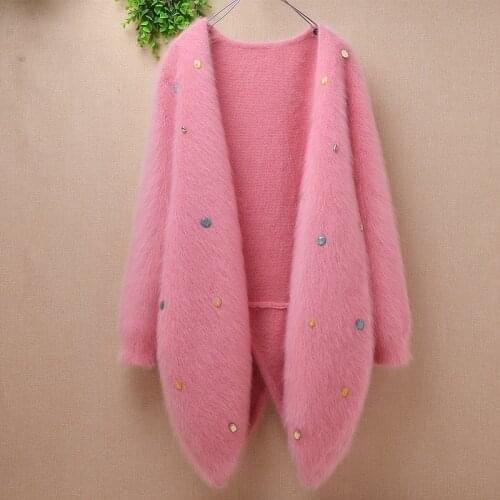 Top quality wholesale angora rabbit fur medium long beading cardigan lady loose genuine mink cashmere sweater coat women winter