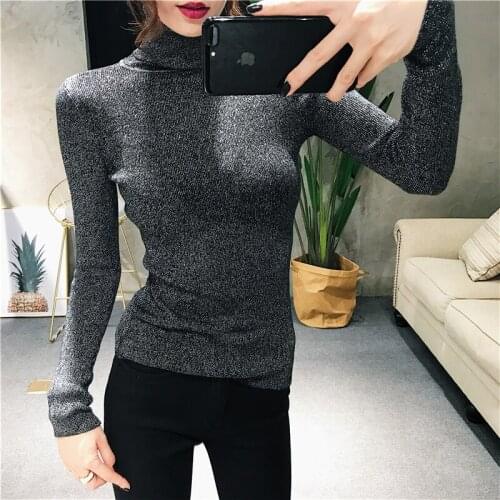 New Glitter Turtleneck Women Pullover Sweater High Elasticity Knitted S Slim Jumper Autumn Winter Basic Female Sweater