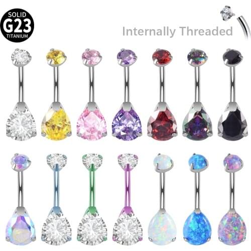 1Pc G23 Implant Grade Tianium Belly Button Ring Double Zircon Drop Shape Navel Bar Piercing Lobe Earrings Body Jewelry 14gX10mm
