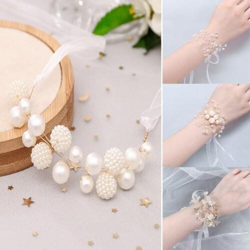 1PC Girls Wrist Flower Pearl Bracelet Bridesmaid Crystal Wedding White Jewelry Corsage