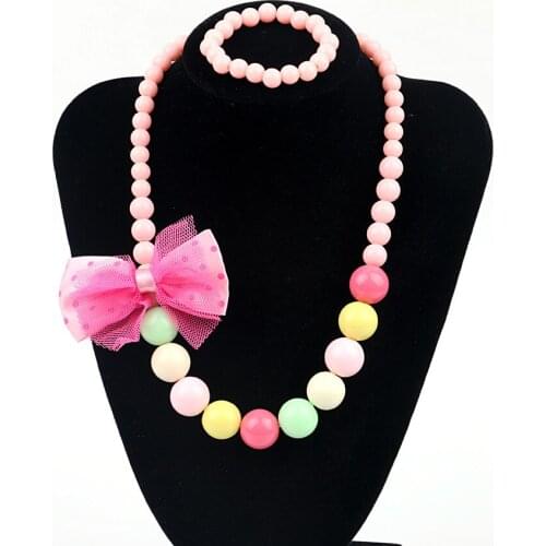5 Colors Creative Kids Jewelry Accessories Candy Color Necklace Baby Girl Kids Snow Princess Satin Ribbon Bow Necklace Set XL-21