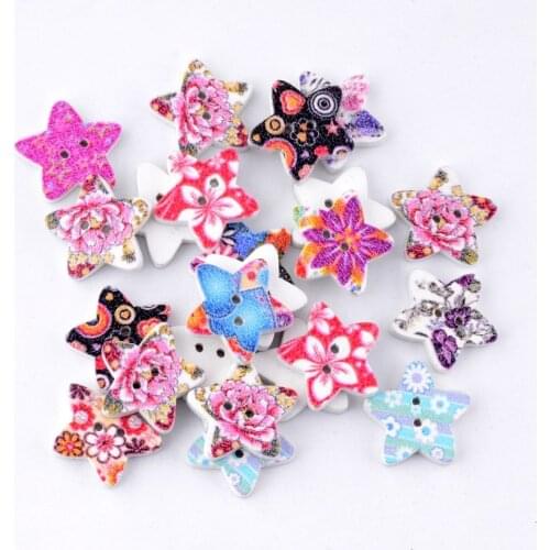 Free Shipping Retail 20Pcs Randomly Mixed Multicolor Flower 2 Holes Wood Painting Sewing Buttons Scrapbooking 17x17mm