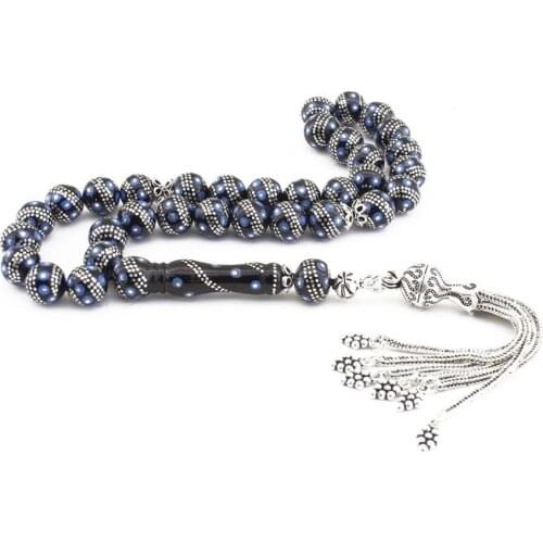 Natural Jet Stone Prayer Bead With Silver Tassel Men Rosary Islamic Tasbih With Grape Tassel Made in Turkey 925 Sterling Silver