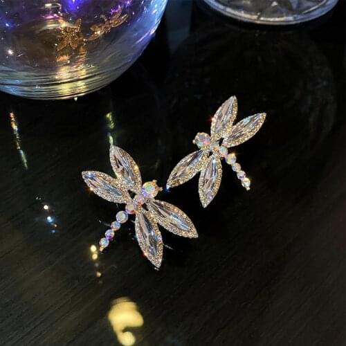 Women Ear Studs Shiny Rhinestones Dragonfly Anti Tarnish Alloy Piercing Ear Stud Earrings for Party Retro Earrings Jewelry