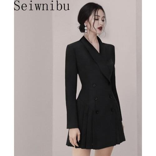 Double Breasted Black Lapel OL Pleated Blazers 2019 New Fashion Turn-down Collar Long Sleeve Stitching Versatile Mini Dress