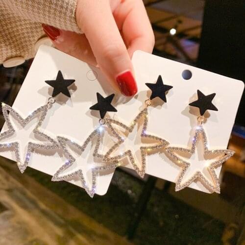 Hot Sale Bling Hollow Star Pendant Earrings for Women Inlay Crystal Big Pentagram Drop Earrings Wedding Party Jewelry Girl Gift