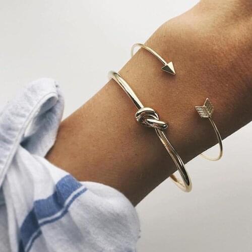 Miss JQ 2 pcs/set Gold Adjustable Bracelets Bangles For Women Arrow Knot Charm Cuff Bangles Boho Couple Jewelry Accessories