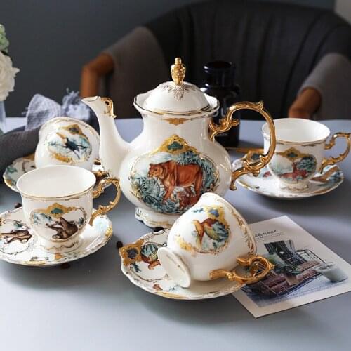 Ceramics Coffee Mugs & Pot Set Breakfast Tea Milk Cups & Saucers Drinkware 9 Pieces Jungle Series High-End Wedding Gift Box