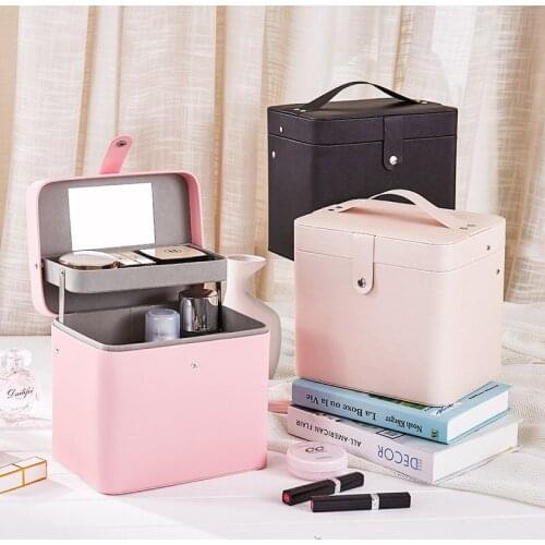 VoltaBox 2021 New Korean High Capacity Portable Cosmetic Case Pu Cosmetic Desktop Storage Box Mirror Cosmetic Box make up bag