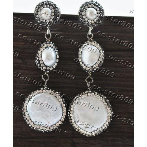 P7140 Handmade Inlay CZ 22mm White Coin Pearl Dangle Earring