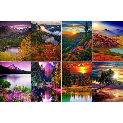 Full Square Round Diamond Embroidery Lake Sunset Landscape 5D DIY Diamond Painting Cross stitch Rhinestone Diamond Mosaic Decor