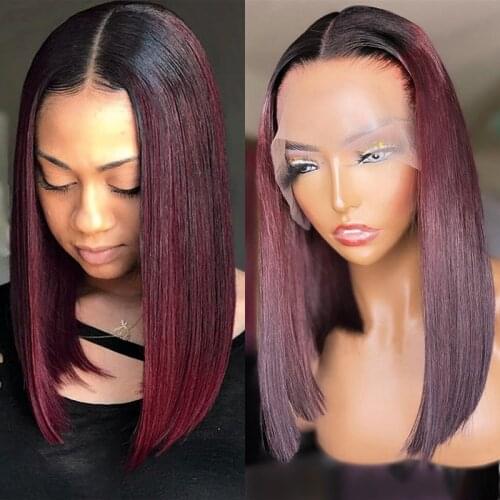 Straight Bob Ombre Color Lace Front Human Hair Wigs Burgundy Lace Closure Wig Peruvian Remy Pre Plucked T Part Lace Wig 1B/99J
