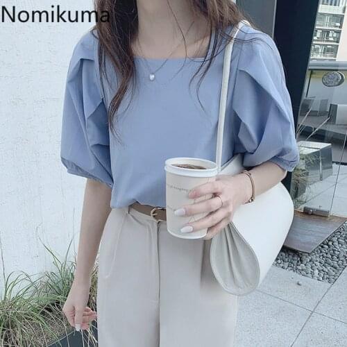 Nomikuma Short Sleeve Square Collar Blue Shirts Summer New French Style Puff Sleeve Blouse Solid Color Korean Chic Tops Blusas