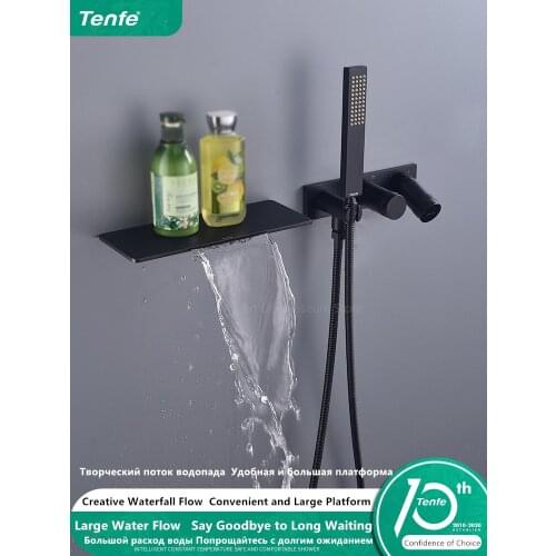 TENFE Simple Nordic Style Black Hand Held Shower Multi-function Brass Waterfall Concealed Faucet Bathroom Shower System Set