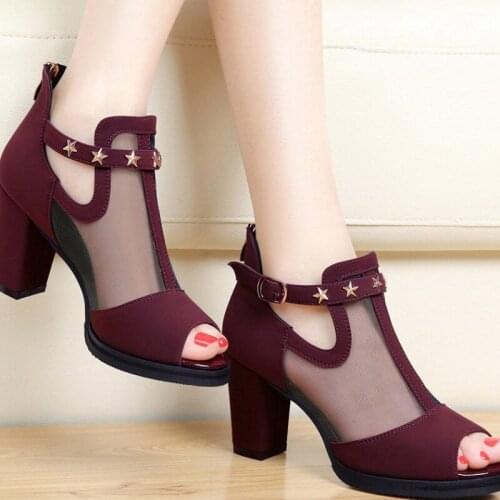 Women Pumps High Thick Black Heels Ladies Shoes Rivet Mesh Zipper Open Toe Casual Party Wedding Platform Chunky Sandal
