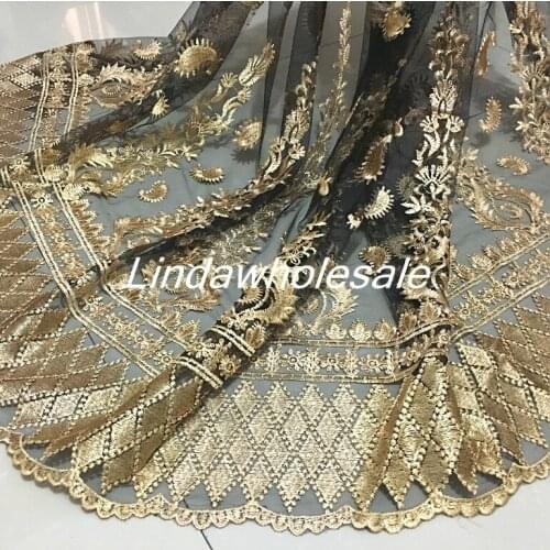Wavy lace fabric,Golden embroidery clothing fabric,Three-dimensional embroidery black net yarn lace,130cm*50cm/pcs
