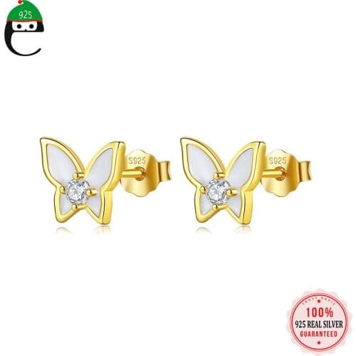 ElfoPlataSi Genuine 925 Sterling Silver Sweet Butterfly Zircon Stud Earrings Birthday For Women Daughter Girls Jewelry L041