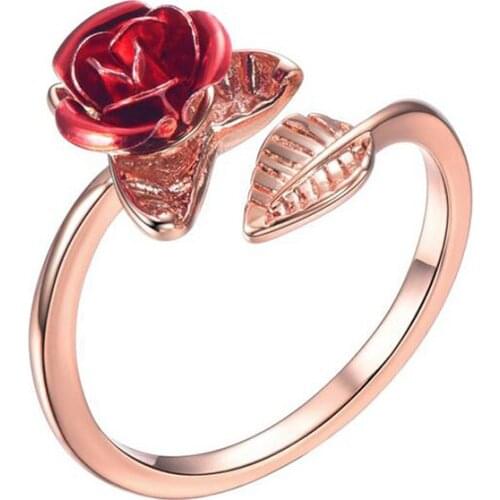 Women Ring Red Rose Garden Flower Leaves Open Ring Resizable Finger Rings For Women Valentines Day Gift Jewelry