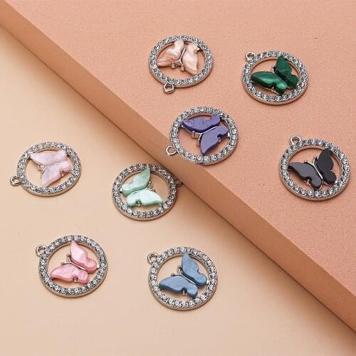 10pcs/lot 9 Color Butterfly Charms Acrylic Round Frame Rhinestone Surrounded Butterfly Pendant For DIY Handmade Jewelry Making