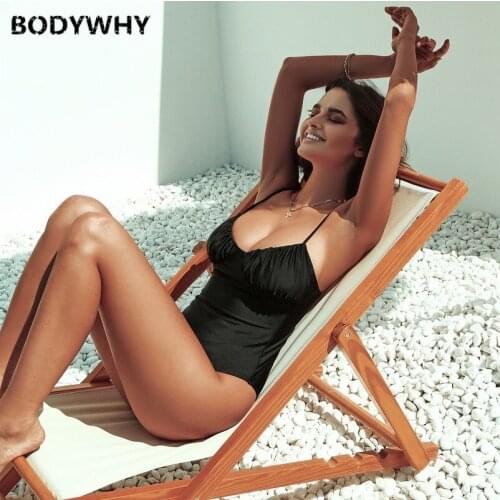 2020 Summer New Womens One-piece Swimsuit Solid Color One-piece Halter Swimsuit Sexy Beach Style Black