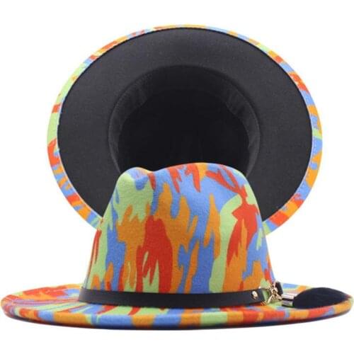 2021 New Gentleman Elegant Tie Dye Wool Felt Fedoras Hats Lady Winter Autumn Wedding Wide Brim Blend Jazz Panama Trilby Caps