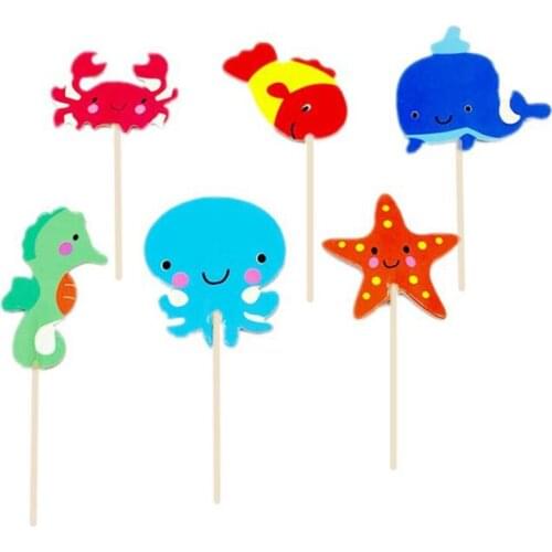 24pcs/lot Marine Animal Theme Baby Shower Cake Picks Happy Birthday Events Party Boys Kids Decoration Cupcake Toppers Supplies
