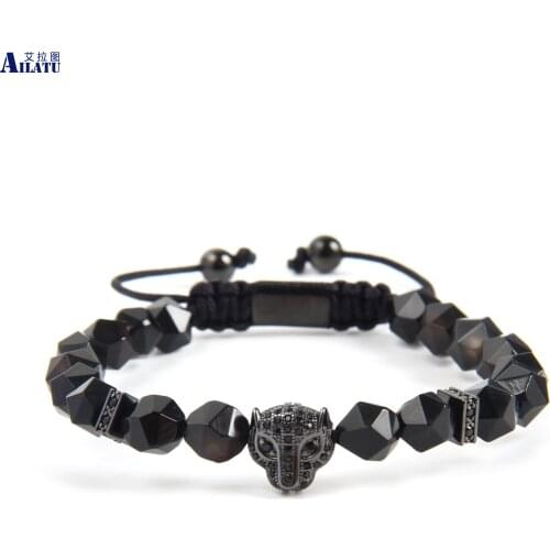 Ailatu New Black Cz Panther Bracelet with 8mm Faceted Cut Natural Black Onyx Stone Beads Top Quality Leopard Jewelry Logo