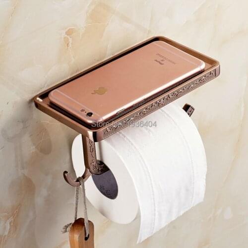Free Shipping Toilet Paper Holder Rose Golden Finished Carving Phone Rack Wall Mounted Toilet Paper Holder with Hook PH220