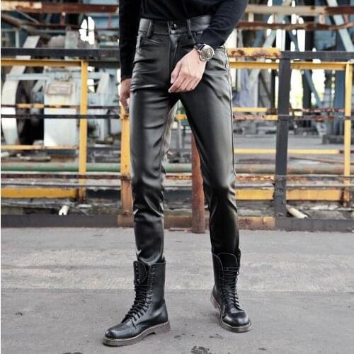 Plus velvet thickening personality fashion motorcycle faux leather pants mens feet pants pu trousers for men pantalon homme