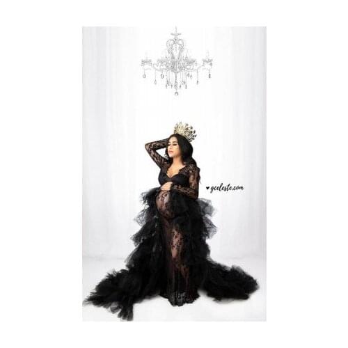Black Lace Maternity Dresses With Tulle Overskirt Tiered Ruffles With Train Long Sleves Sexy Womrn Plus Size Pregnancy Gown