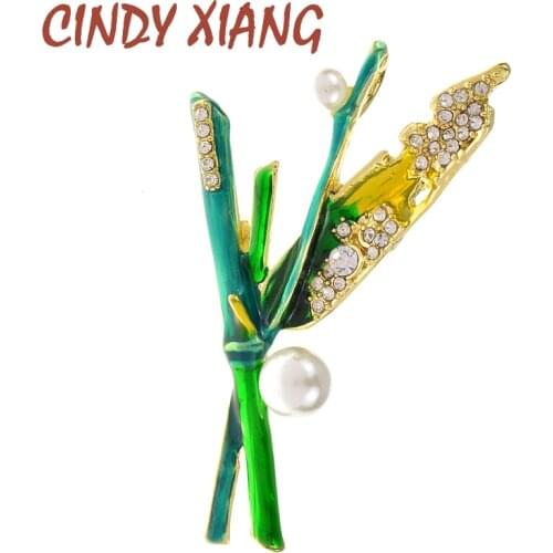 CINDY XIANG Trendy Enamel Bamboo Pins Brooch For Men Creative Rhinestone And Imitation Pearl Plant Brooches Party Casual Jewelry