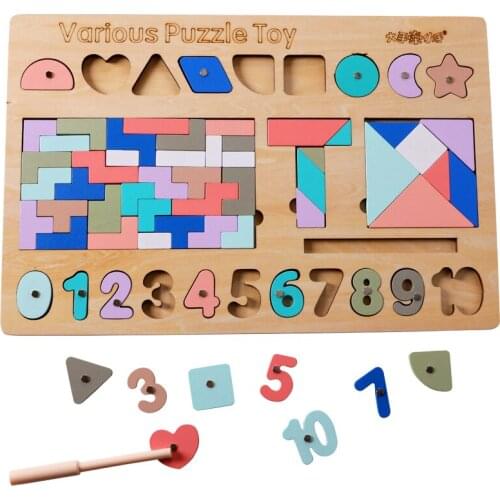 Wooden Childrens Jigsaw Puzzle Five-in-one Puzzle Montessori Concept Education Childrens Digital Cognitive Matching Puzzle Toy